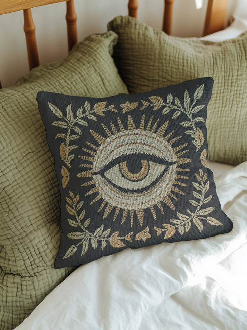 A black woven throw pillow with intricate gold and ivory embroidery featuring an Evil Eye motif, surrounded by botanical flourishes and sunburst details.